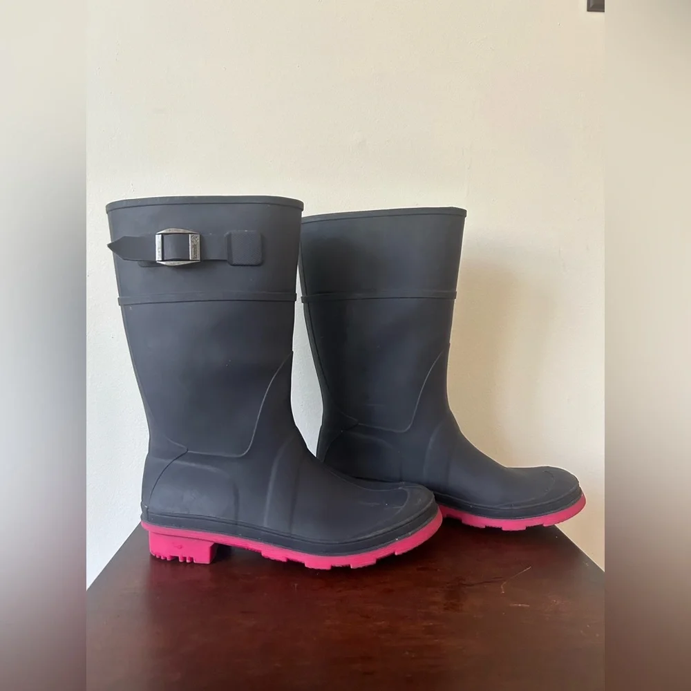 Kamik Big Girls/Womens Sz 5 Matte Navy & Pink Raindrops Waterproof Rain Boots